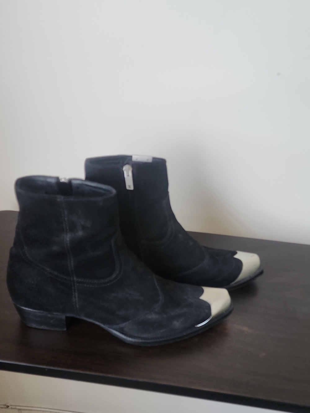 Black Suede Ankle Boots with Cream Toe Cap